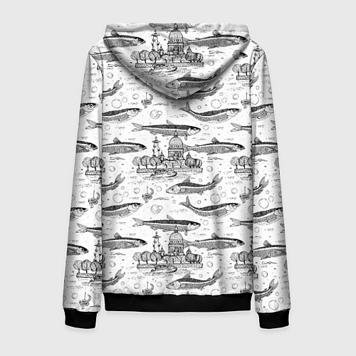 Мужская толстовка на молнии Корюшка и рыбалка в Питере паттерн / 3D-Черный – фото 2