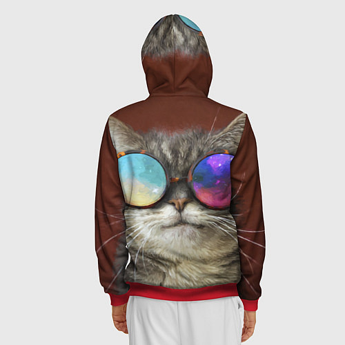 Мужская толстовка на молнии A Cat with multicolored glasses / 3D-Красный – фото 4