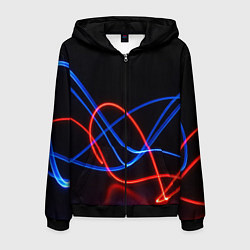 Толстовка 3D на молнии мужская Красно синие неоновые линии на черном фоне, цвет: 3D-черный