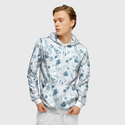 Толстовка 3D на молнии мужская Мемфис синий с серым клетчатый геометрический узор, цвет: 3D-белый — фото 2