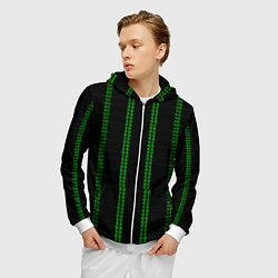 Толстовка 3D на молнии мужская Color black cage green stripes, цвет: 3D-белый — фото 2