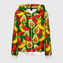 Толстовка 3D на молнии мужская Авокадо, бананы, перцы чили улыбаются - паттерн фр, цвет: 3D-белый