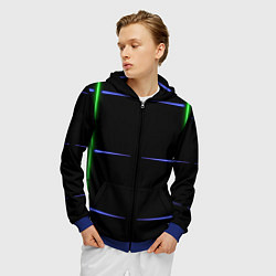 Толстовка 3D на молнии мужская Color black green purple stripes, цвет: 3D-синий — фото 2