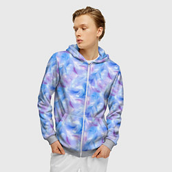 Толстовка 3D на молнии мужская Узор из голубых и сиреневых перьев, цвет: 3D-меланж — фото 2