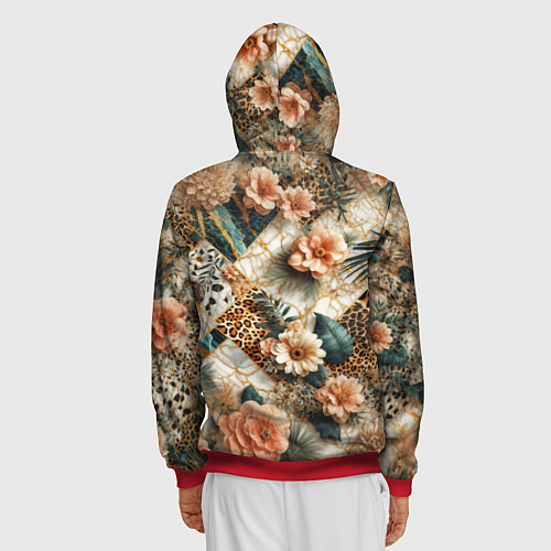 Мужская толстовка на молнии Цветы на кусках мрамора и леопардовом узоре / 3D-Красный – фото 4
