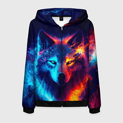 Толстовка 3D на молнии мужская Волк льда и пламени, цвет: 3D-черный