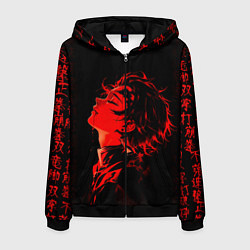 Толстовка 3D на молнии мужская Клинок, рассекающий демонов Танджиро и иероглифы, цвет: 3D-черный