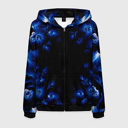 Толстовка 3D на молнии мужская Чёрный ночной с синими цветами, цвет: 3D-черный