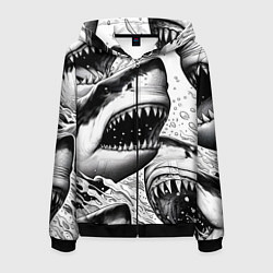 Толстовка 3D на молнии мужская Белая акула - стая, цвет: 3D-черный