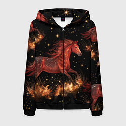 Толстовка 3D на молнии мужская Огненные лошади - паттерн, цвет: 3D-черный