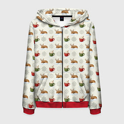 Мужская толстовка на молнии Зимний паттерн с оленем и чашками какао