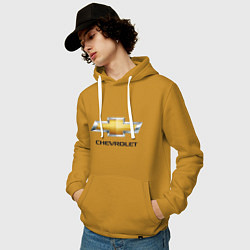 Толстовка-худи хлопковая мужская Chevrolet логотип, цвет: горчичный — фото 2