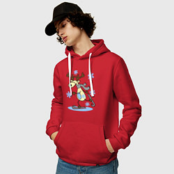 Толстовка-худи хлопковая мужская Олень на лыжах, цвет: красный — фото 2