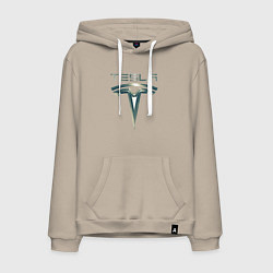 Толстовка-худи хлопковая мужская Tesla Logo Тесла Логотип Карбон, цвет: миндальный