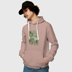 Толстовка-худи хлопковая мужская Нежные листья на акварельном фоне, цвет: пыльно-розовый — фото 2