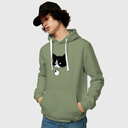 Толстовка-худи хлопковая мужская Кот сидит в воде и сторожит утёнка, цвет: авокадо — фото 2