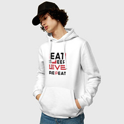 Толстовка-худи хлопковая мужская Надпись: eat sleep EVE repeat, цвет: белый — фото 2