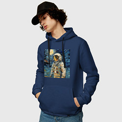 Толстовка-худи хлопковая мужская Космонавт на луне в стиле Ван Гог, цвет: тёмно-синий — фото 2