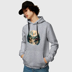 Толстовка-худи хлопковая мужская Японские дома на фоне гор в стиле моротай, цвет: меланж — фото 2