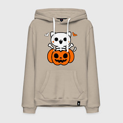 Толстовка-худи хлопковая мужская Веселый кот-скелет в тыкве - Хэллоуин, цвет: миндальный