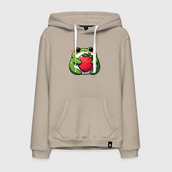 Толстовка-худи хлопковая мужская Толстая лягушка обнимает клубнику, цвет: миндальный