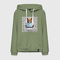 Толстовка-худи хлопковая мужская Кот программист за ноутбуком, цвет: авокадо