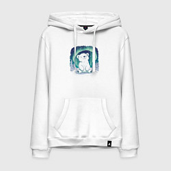 Толстовка-худи хлопковая мужская Белый медвежонок под северным сиянием, цвет: белый