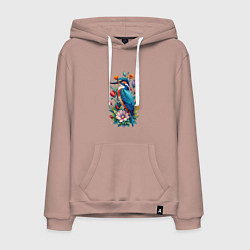 Толстовка-худи хлопковая мужская Птица зимородок среди цветов, цвет: пыльно-розовый