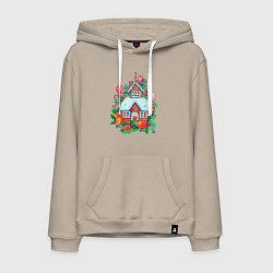 Толстовка-худи хлопковая мужская Пряничный домик со сладостями и фруктами, цвет: миндальный