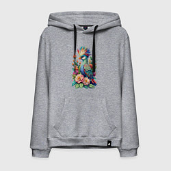 Толстовка-худи хлопковая мужская Голубая птица с хохолком среди цветов, цвет: меланж