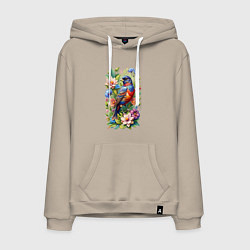 Толстовка-худи хлопковая мужская Расписной овсянковый кардинал среди цветов, цвет: миндальный