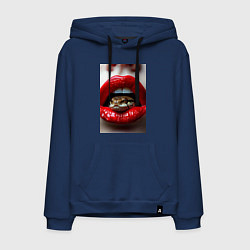 Толстовка-худи хлопковая мужская Символ нового года 2025 змея в губах, цвет: тёмно-синий