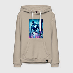 Толстовка-худи хлопковая мужская Чувак-паук висит на стене небоскрёба, цвет: миндальный