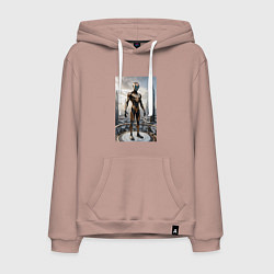 Толстовка-худи хлопковая мужская Инопланетянин в городе будущего, цвет: пыльно-розовый