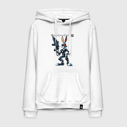 Толстовка-худи хлопковая мужская Киборг Багз Банни с оружием - нейроарт фантазия, цвет: белый