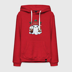 Толстовка-худи хлопковая мужская Милое новогоднее привидение с кофе и имбирным прян, цвет: красный