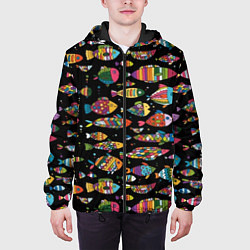 Куртка с капюшоном мужская Разноцветные рыбы - черный фон, цвет: 3D-черный — фото 2