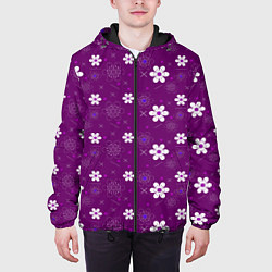 Куртка с капюшоном мужская Узор цветы на фиолетовом фоне, цвет: 3D-черный — фото 2