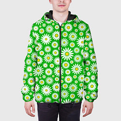 Куртка с капюшоном мужская Ромашки на зелёном фоне, цвет: 3D-черный — фото 2
