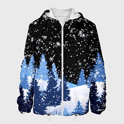 Куртка с капюшоном мужская Снежная ночь в зимнем лесу, цвет: 3D-белый