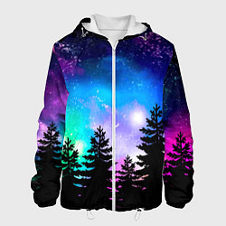 Куртка с капюшоном мужская Космический лес, елки и звезды, цвет: 3D-белый
