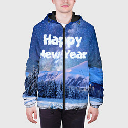 Куртка с капюшоном мужская Космическая Зима Надпись Новый Год, цвет: 3D-черный — фото 2