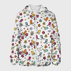 Куртка с капюшоном мужская Птицы и цветы Разноцветный узор в дудл стиле, цвет: 3D-белый