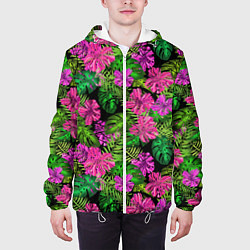 Куртка с капюшоном мужская Тропические листья и цветы на черном фоне, цвет: 3D-белый — фото 2