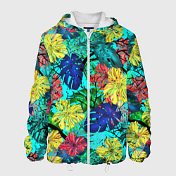 Куртка с капюшоном мужская Тропические растения на бирюзовом фоне, цвет: 3D-белый