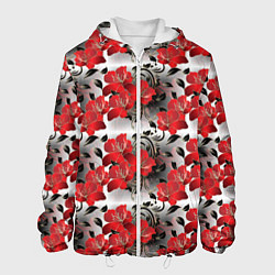 Куртка с капюшоном мужская Красные абстрактные цветы, цвет: 3D-белый