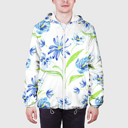 Куртка с капюшоном мужская Цветы Синие Нарисованные Карандашами, цвет: 3D-белый — фото 2