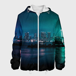 Куртка с капюшоном мужская Неоновый город с рекой - Светло-зелёный, цвет: 3D-белый