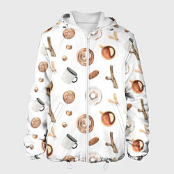 Куртка с капюшоном мужская Узор Кружка, Печенье, Пончик, цвет: 3D-белый