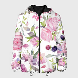 Куртка с капюшоном мужская Летний красочный паттерн из цветков розы и ягод еж, цвет: 3D-черный
